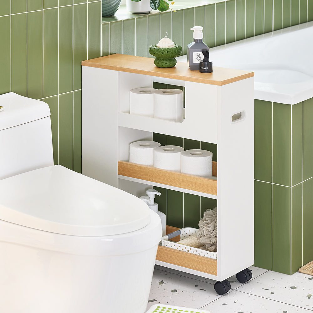 SoBuy BZR190-WN Suport Hârtie Igienică Dulap Hârtie Igienică Suport Perie WC Mobilier Baie pe roți