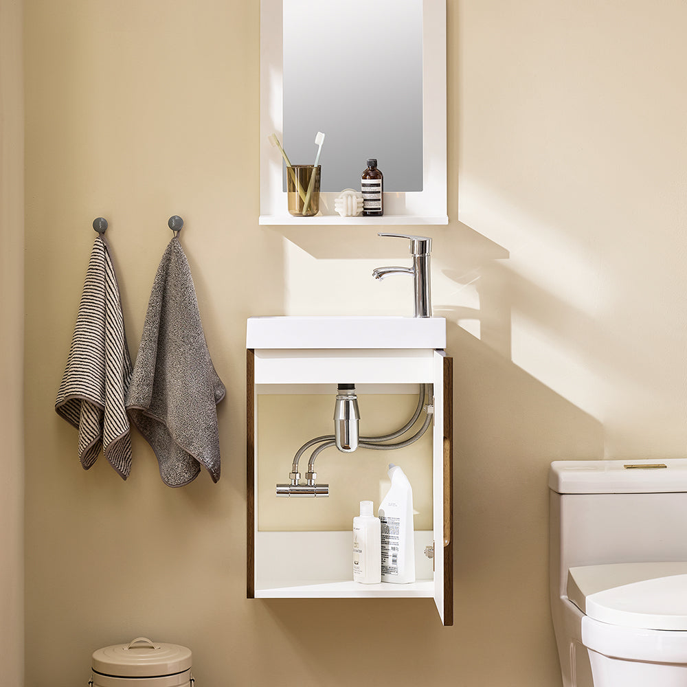 SoBuy BZR196-BR Mască suspendată pentru chiuvetă, din lemn închis la culoare, cu lavoar ceramic, ușă cu închidere soft-close fără mâner, raft, 15 kg – 40x22x56 cm