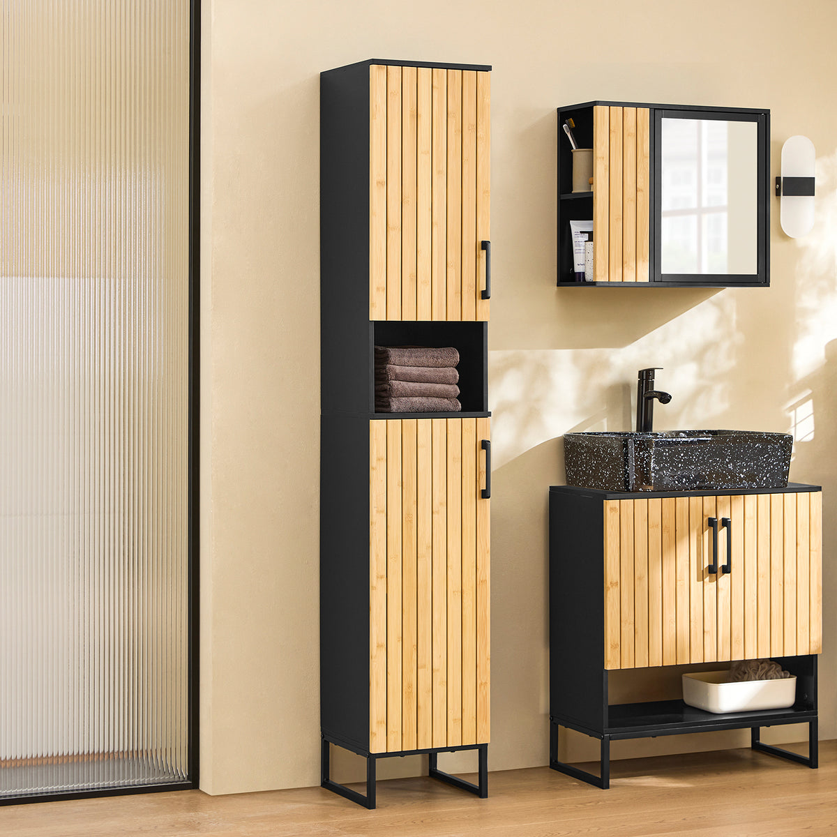 SoBuy BZR201-SCH Dulap coloană baie - Dulap înalt impermeabil cu rafturi reglabile - Dulap de depozitare baie latime 30cm - pentru Living, Hol, Bucătărie - Negru