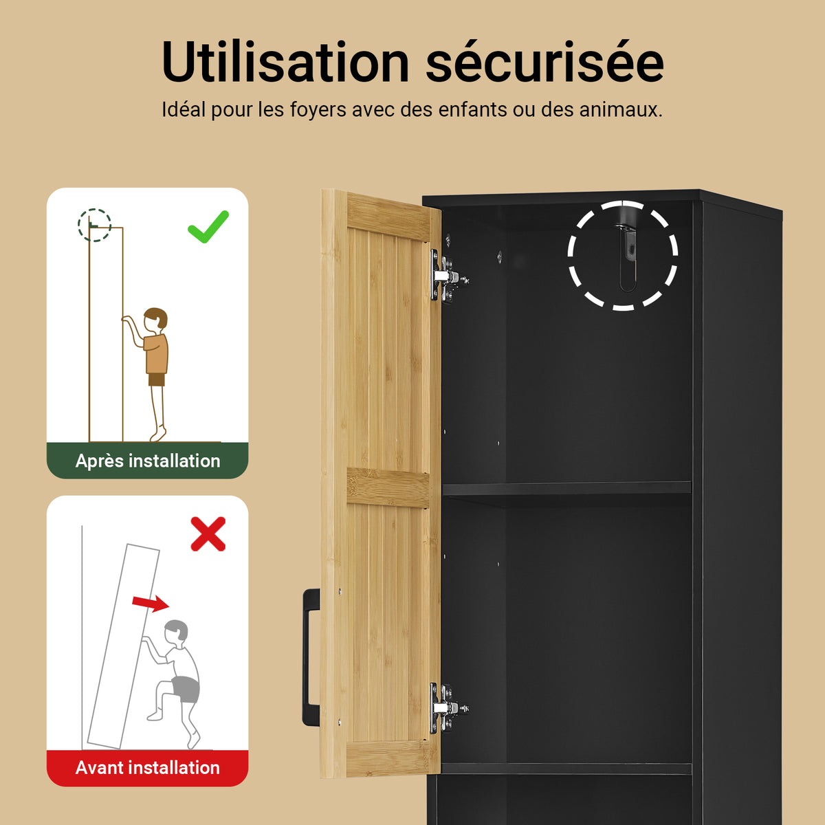SoBuy BZR201-SCH Dulap coloană baie - Dulap înalt impermeabil cu rafturi reglabile - Dulap de depozitare baie latime 30cm - pentru Living, Hol, Bucătărie - Negru
