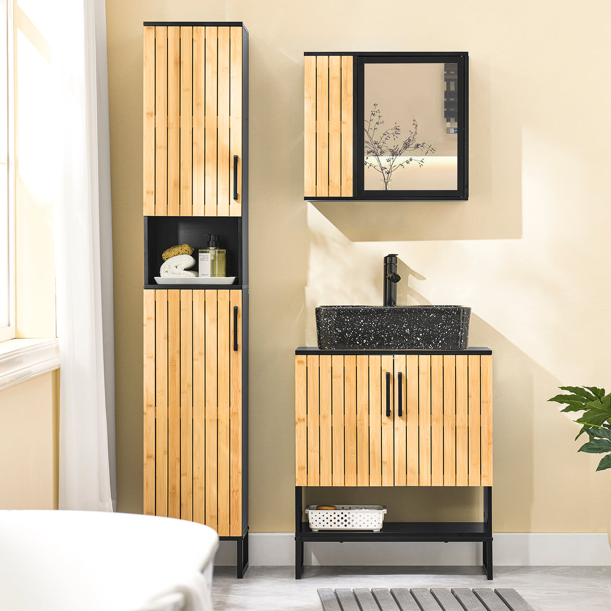 SoBuy BZR202-SCH Meuble sous Lavabo avec Découpe Siphon, Étagère Réglable et Portes en Bambou – L60×P30×H70 cm, MDF E1, Pieds Métal, Noir