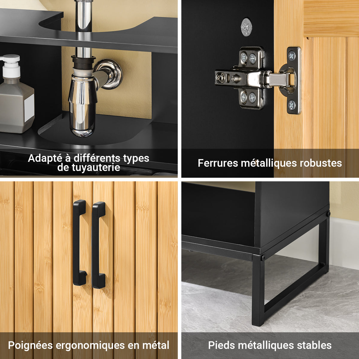 SoBuy BZR202-SCH Dulap sub chiuvetă baie 60 cm, mică unitate de depozitare din bambus și metal, dulap compact sub lavoar pentru toaletă sau baie mică