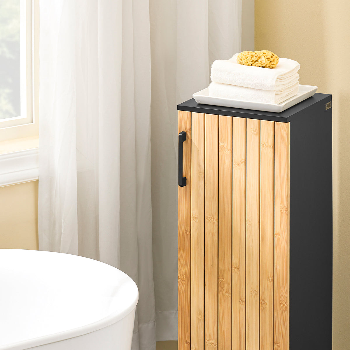 SoBuy BZR203-SCH Mobilier de baie pentru toaletă, dulap de depozitare îngust cu ușă din bambus, dulap de toaletă modern, care economisește spațiu pentru baie, toaletă, bucătărie 30x30x90cm