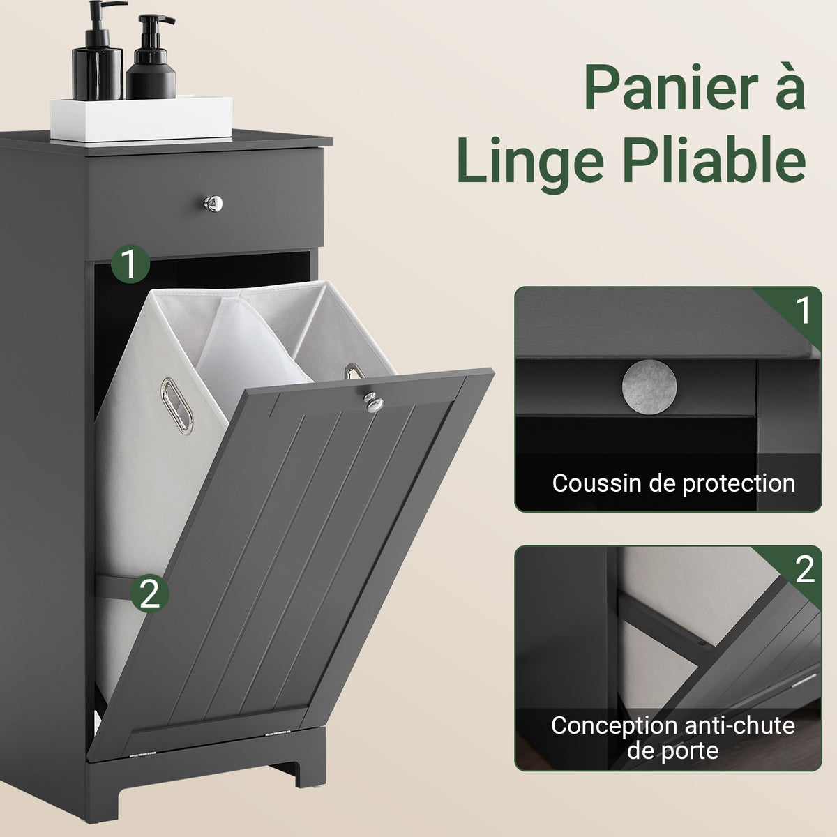 SoBuy BZR21-II-DG Dulap de baie, Dulap de toaletă cu 1 sertar și 1 coș de rufe pliabil, Dulap de depozitare, Coș de rufe, Cutie de rufe, Suport pentru haine, 40x38x90cm, Gri