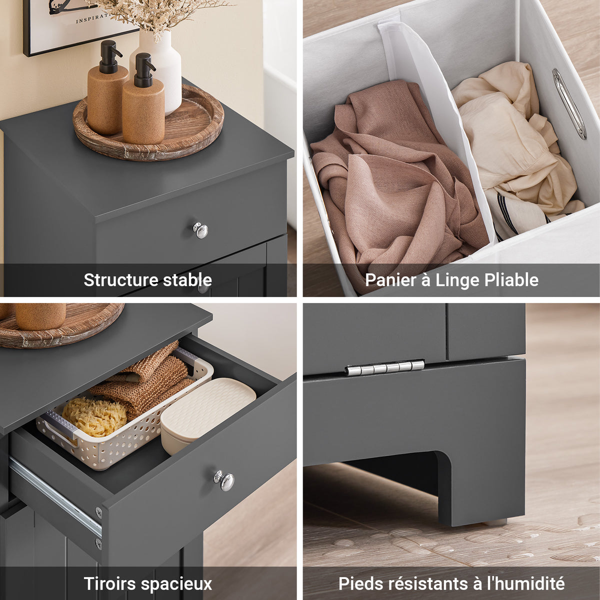 SoBuy BZR21-II-DG Dulap de baie, Dulap de toaletă cu 1 sertar și 1 coș de rufe pliabil, Dulap de depozitare, Coș de rufe, Cutie de rufe, Suport pentru haine, 40x38x90cm, Gri