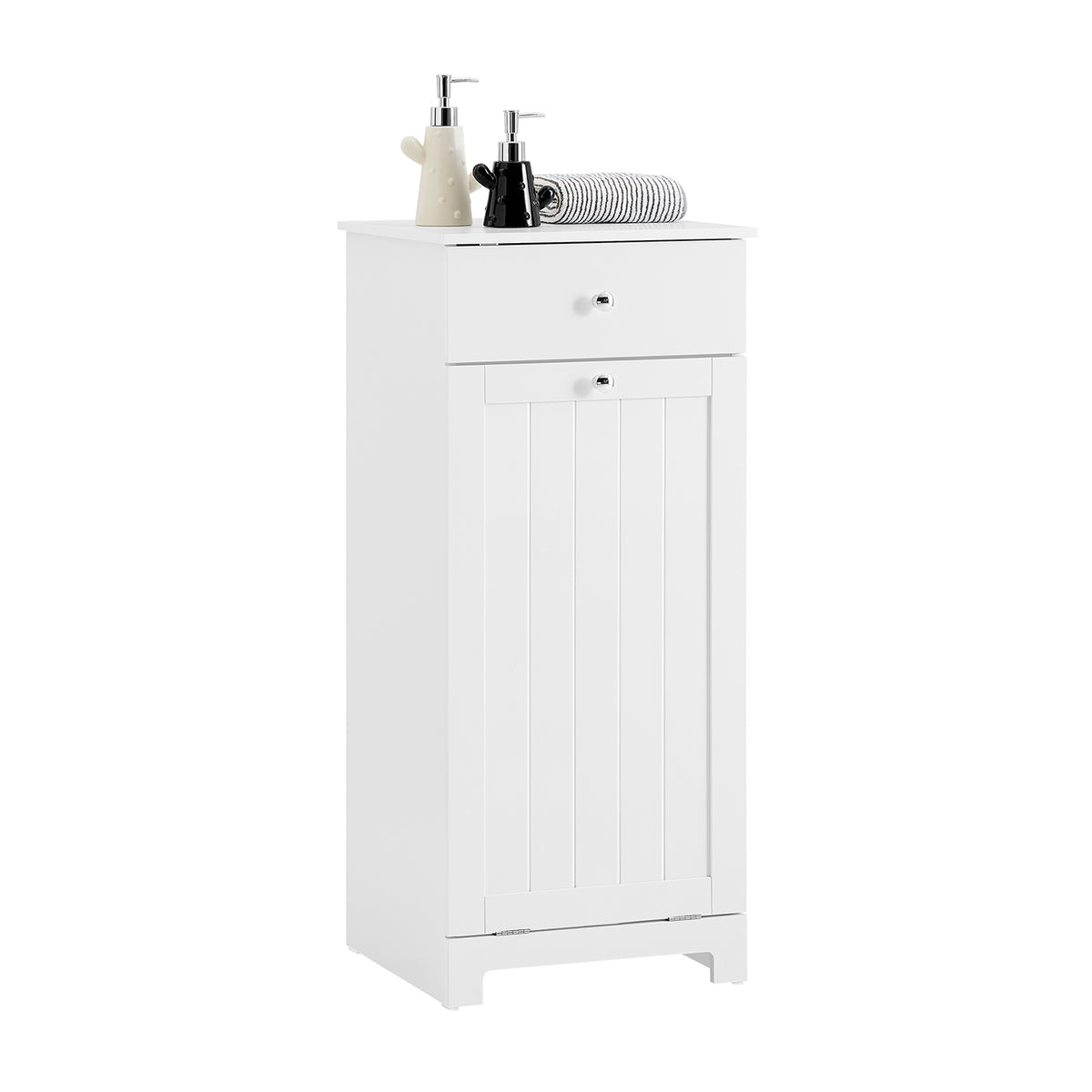 SoBuy BZR21-II-W Meuble Bas Salle de Bain Blanc 90 cm avec Panier à Linge Basculant 2 Compartiments, Tiroir et Étagère – Ferm