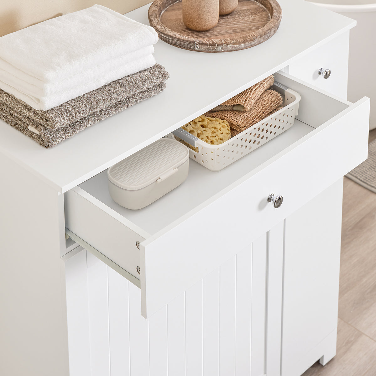SoBuy BZR214-W Dulap de Baie cu Coș de Rufe, Coloană de Depozitare cu 1 Sertar și Compartiment Glisant, Dulap de Baie Impermeabil 78x38x90cm, Ideal pentru WC, Chiuvetă, Toaletă