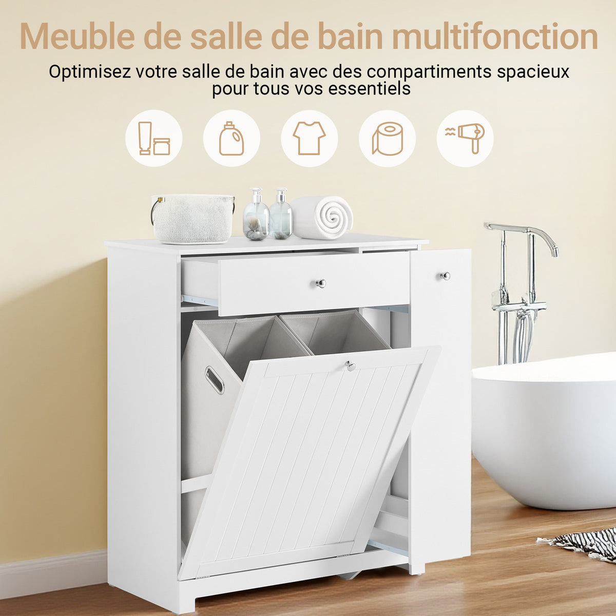 SoBuy BZR214-W Dulap de Baie cu Coș de Rufe, Coloană de Depozitare cu 1 Sertar și Compartiment Glisant, Dulap de Baie Impermeabil 78x38x90cm, Ideal pentru WC, Chiuvetă, Toaletă