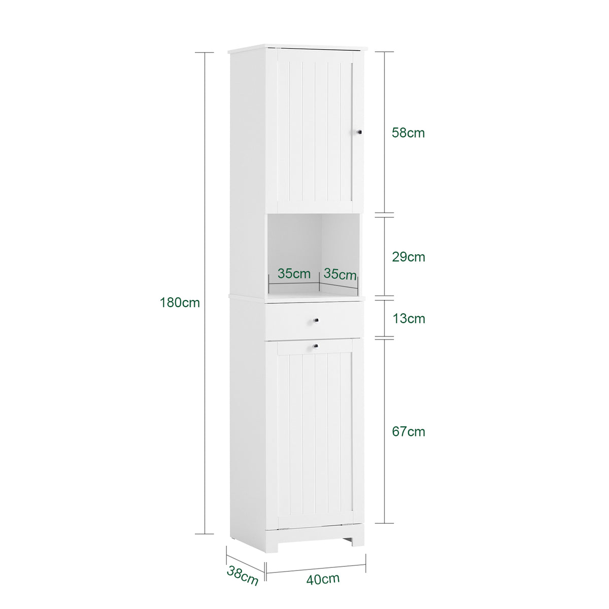 SoBuy BZR216-W Coloană de baie 4 în 1 albă cu coș de rufe de 45L, sertar, raft reglabil și ușă reversibilă, 34 kg – 40x38x180 cm
