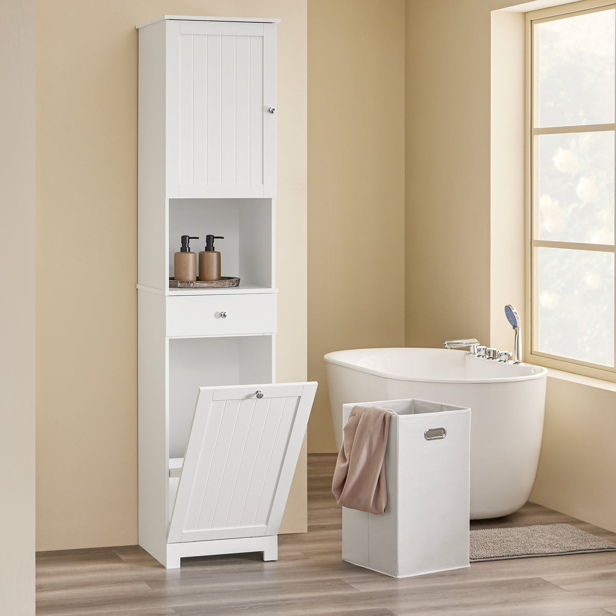SoBuy BZR216-W Coloană de baie 4 în 1 albă cu coș de rufe de 45L, sertar, raft reglabil și ușă reversibilă, 34 kg – 40x38x180 cm