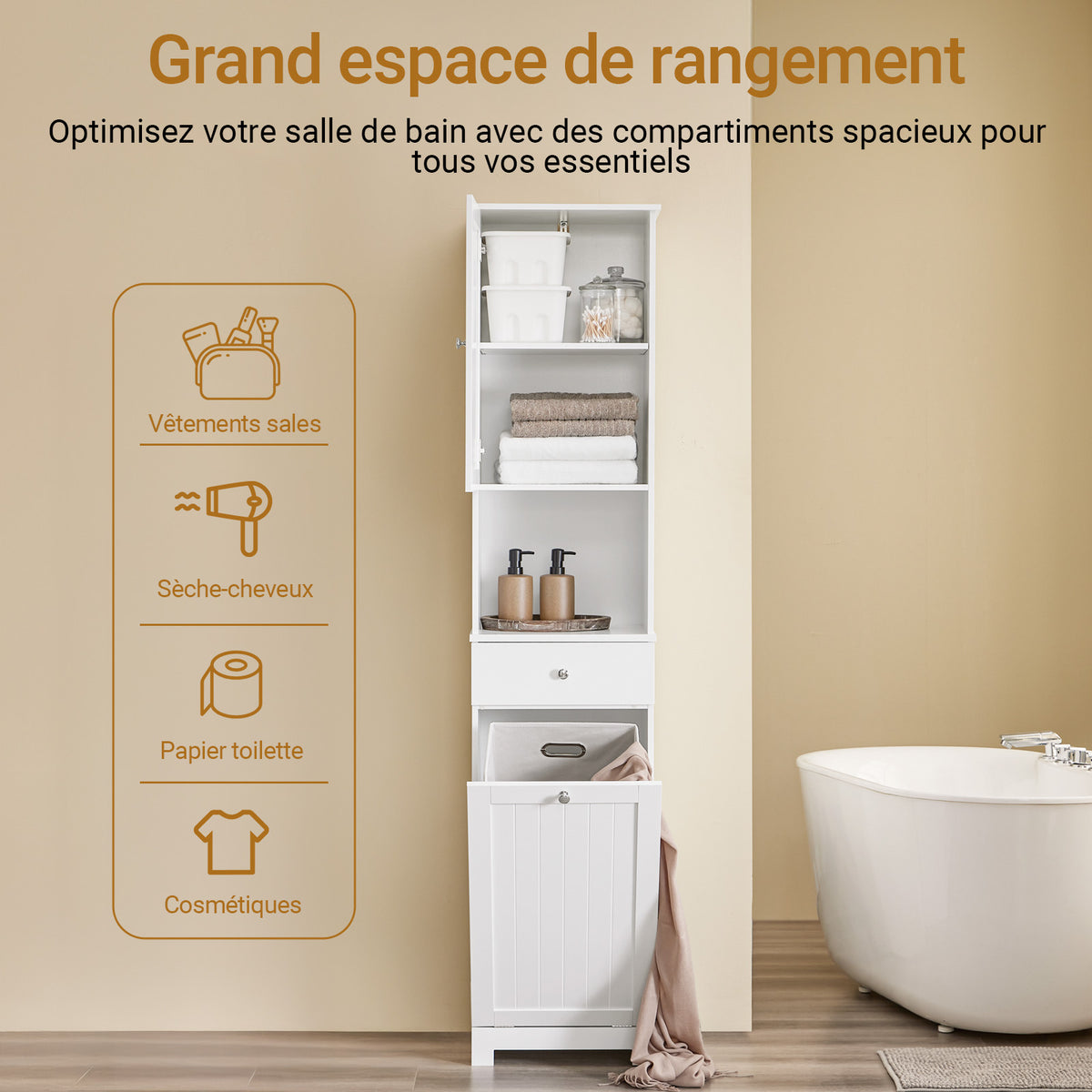 SoBuy BZR216-W Coloană de baie 4 în 1 albă cu coș de rufe de 45L, sertar, raft reglabil și ușă reversibilă, 34 kg – 40x38x180 cm