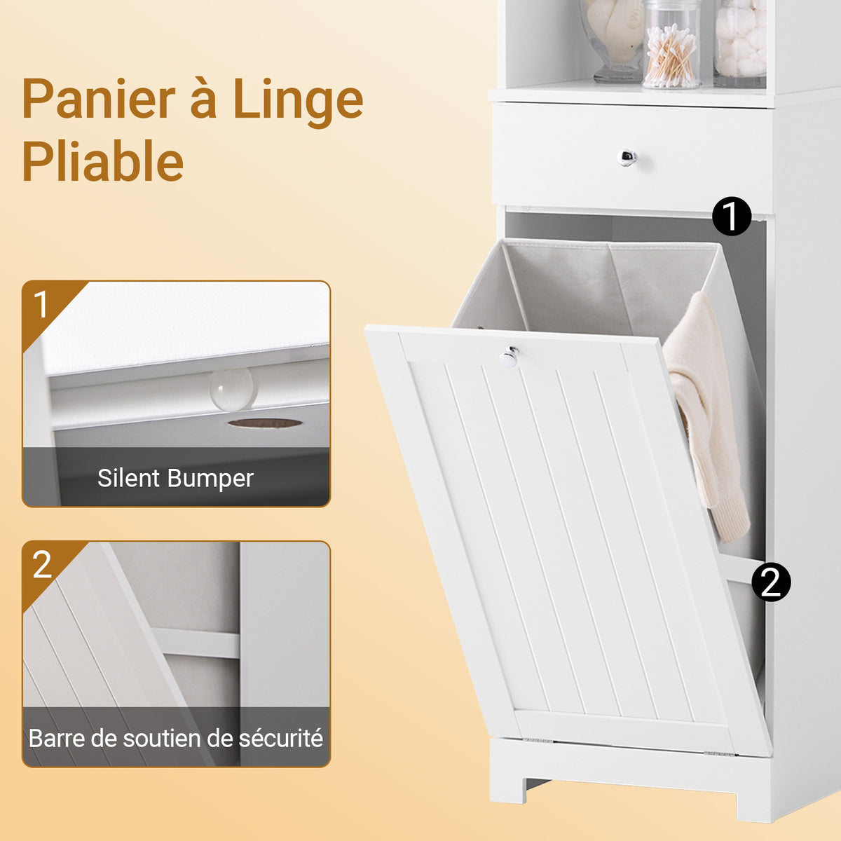 SoBuy BZR216-W Coloană de baie 4 în 1 albă cu coș de rufe de 45L, sertar, raft reglabil și ușă reversibilă, 34 kg – 40x38x180 cm