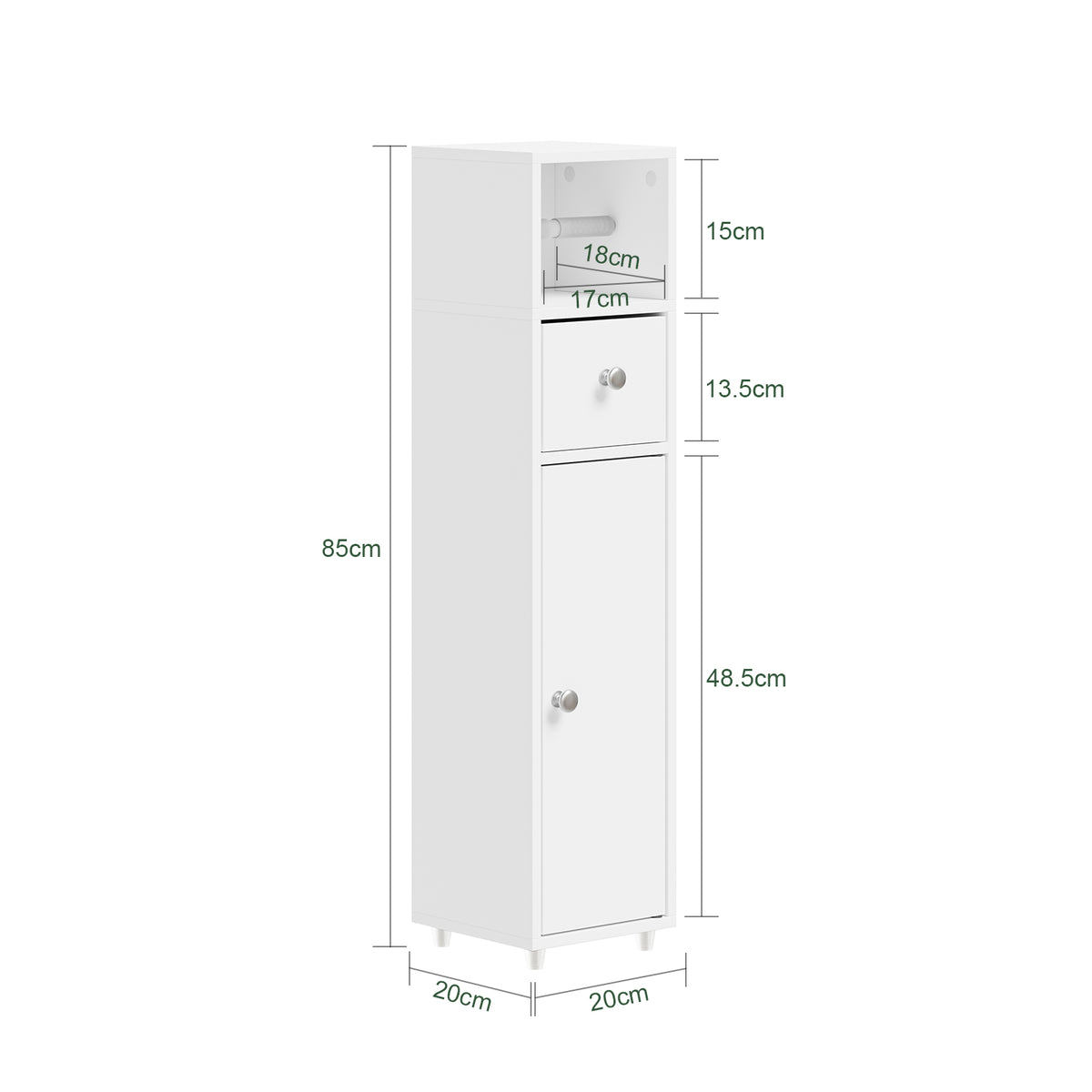 SoBuy BZR219-W Dulap de baie 20 x 20 cm, Dulap îngust pentru toaletă cu suport pentru hârtie igienică și ușă reversibilă, Depozitare compactă pentru toaletă cu sertar și raft reglabil