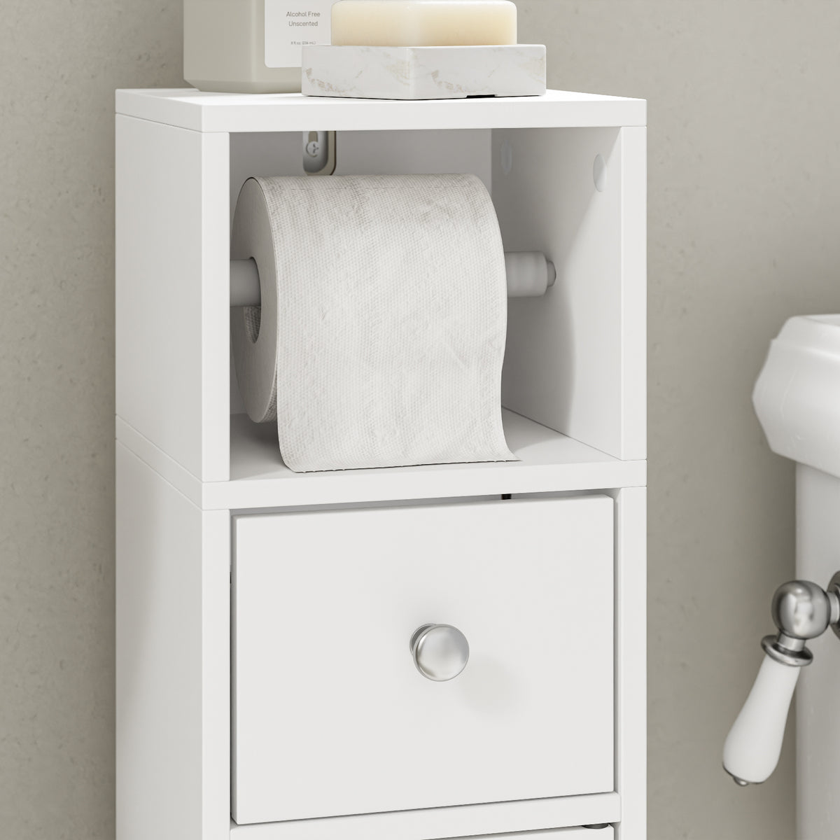 SoBuy BZR219-W Dulap de baie 20 x 20 cm, Dulap îngust pentru toaletă cu suport pentru hârtie igienică și ușă reversibilă, Depozitare compactă pentru toaletă cu sertar și raft reglabil