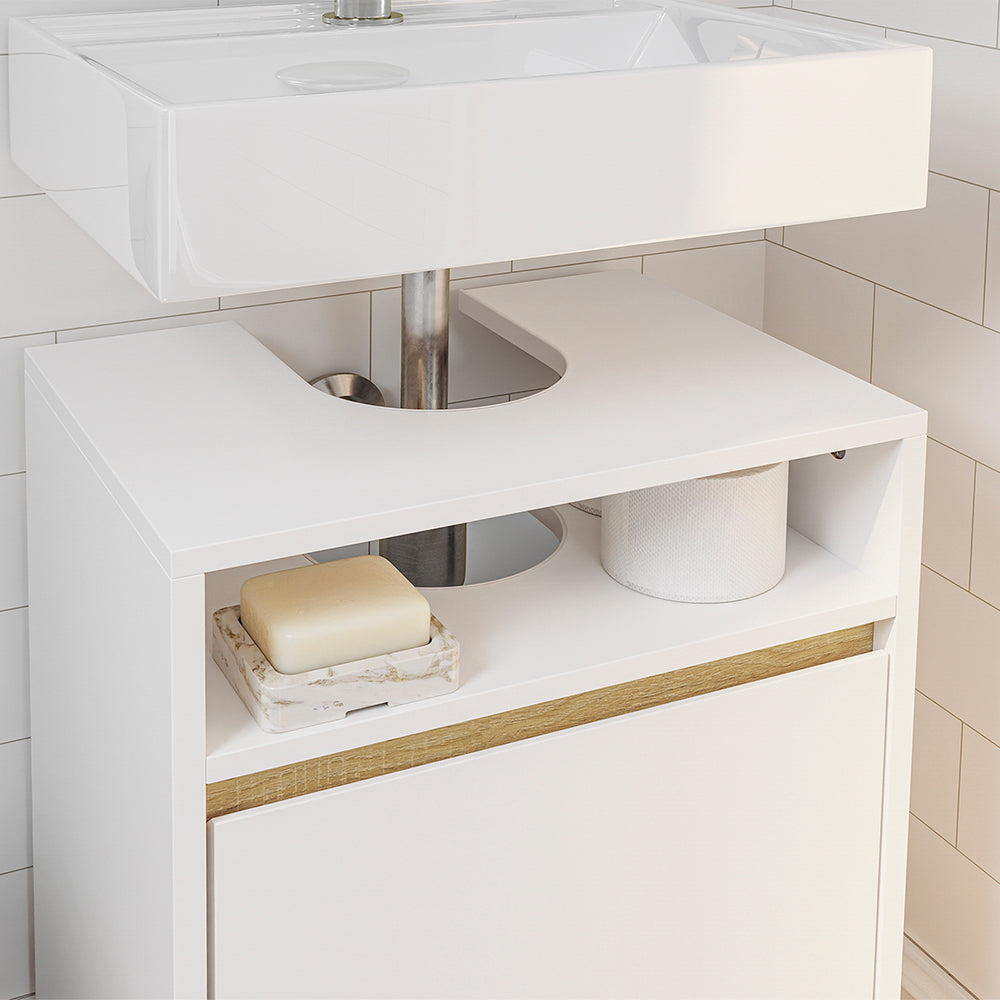 SoBuy BZR196-BR Mască suspendată pentru chiuvetă, din lemn închis la culoare, cu lavoar ceramic, ușă cu închidere soft-close fără mâner, raft, 15 kg – 40x22x56 cm