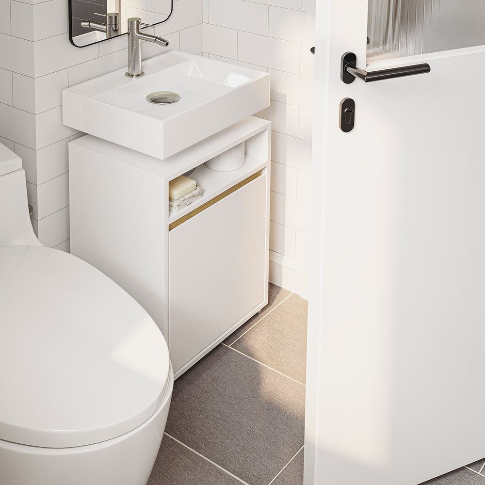 SoBuy BZR196-BR Mască suspendată pentru chiuvetă, din lemn închis la culoare, cu lavoar ceramic, ușă cu închidere soft-close fără mâner, raft, 15 kg – 40x22x56 cm