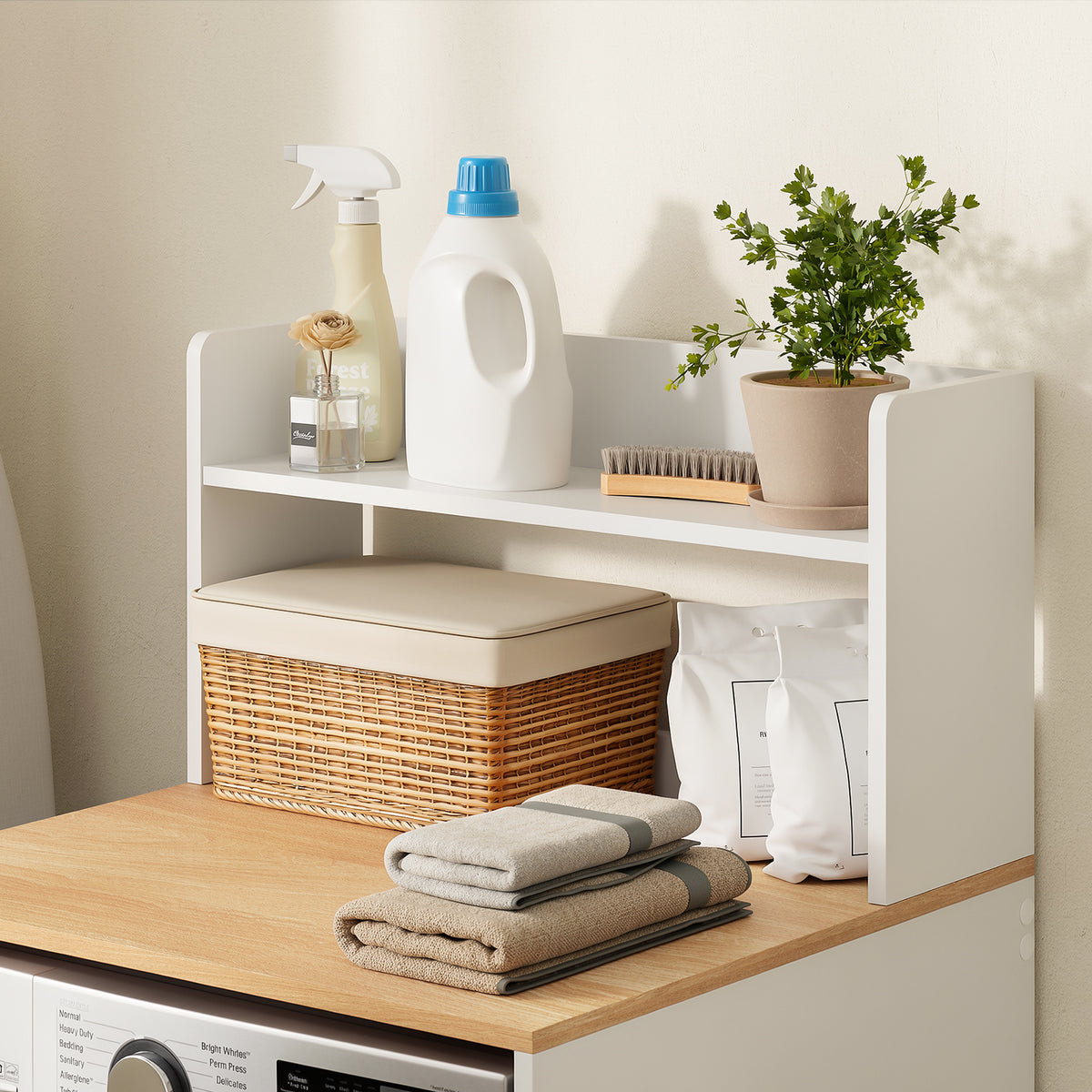 SoBuy BZR224-WN Meuble au-dessus du Lave-Linge 66×60×127 cm – Plan de Travail + Étagère avec Garde-Corps, Sans Panneau Arrière, Blanc et Naturel