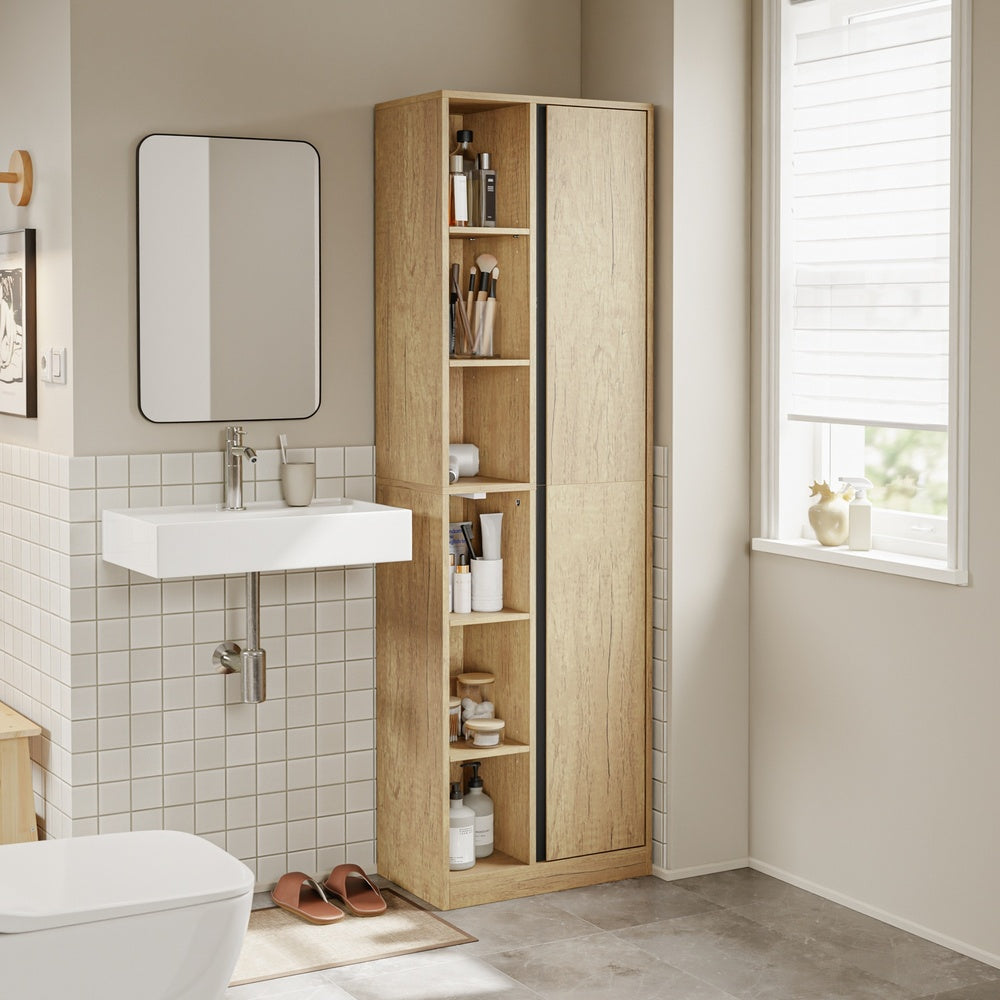 SoBuy BZR237-E-N Colonne de Salle de Bain Étroite avec Éclairage – Armoire Haute Effet Chêne Clair, 10 Étagères, pour Petit Espace – 50×30×180 cm, Charge 120 kg