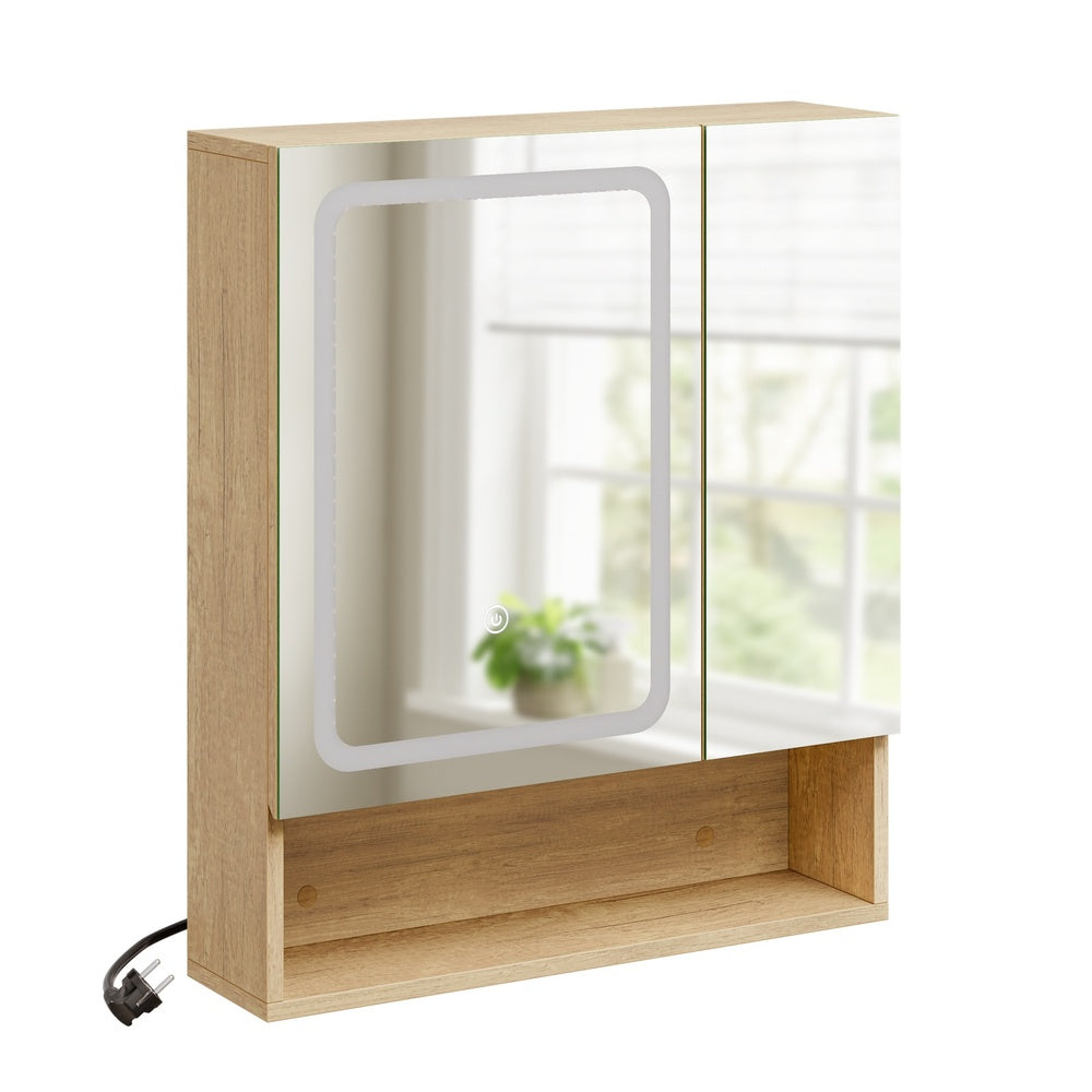 SoBuy BZR238-E-N Armoire Miroir Murale Salle de Bain avec Éclairage LED et Prises Intégrées – 2 Portes Miroir, Rangement Ouvert et 3 Étagères, Chêne Clair Scandinave – 60×17×70 cm, Charge 30 kg