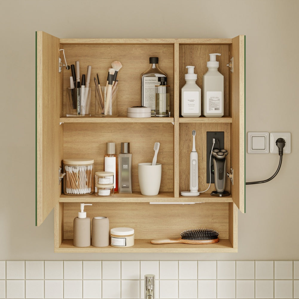 SoBuy BZR238-E-N Armoire Miroir Murale Salle de Bain avec Éclairage LED et Prises Intégrées – 2 Portes Miroir, Rangement Ouvert et 3 Étagères, Chêne Clair Scandinave – 60×17×70 cm, Charge 30 kg