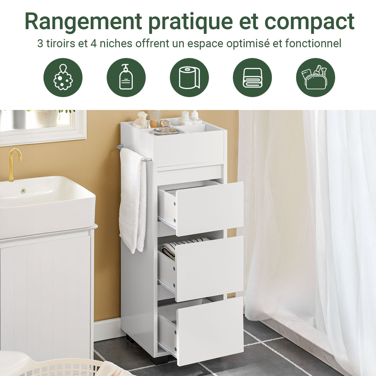 SoBuy BZR29-W Meuble Salle de Bain Petit Espace 30 cm – 3 Tiroirs et Porte-Serviettes Réversible, Blanc