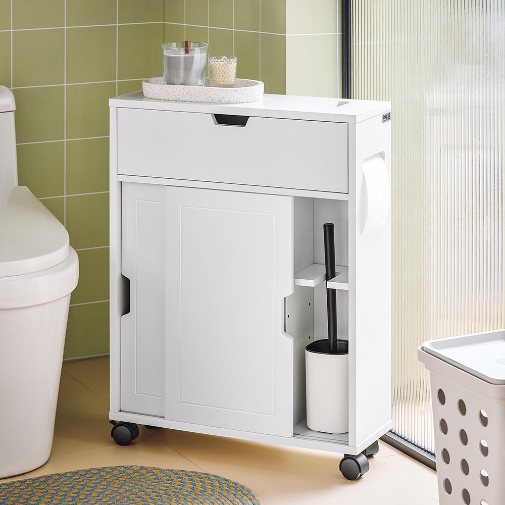 SoBuy BZR31-W Dulap de baie îngust cu roți – Mobilier de baie cu uși glisante – Dulap lateral versatil pentru spații mici, 52 x 68 x 17 cm, Alb