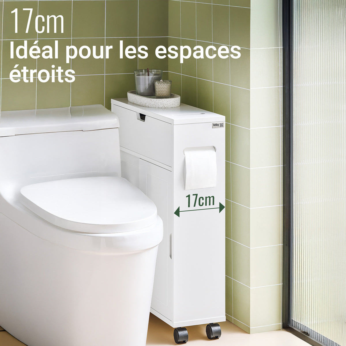 SoBuy BZR31-W Dulap de baie îngust cu roți – Mobilier de baie cu uși glisante – Dulap lateral versatil pentru spații mici, 52 x 68 x 17 cm, Alb
