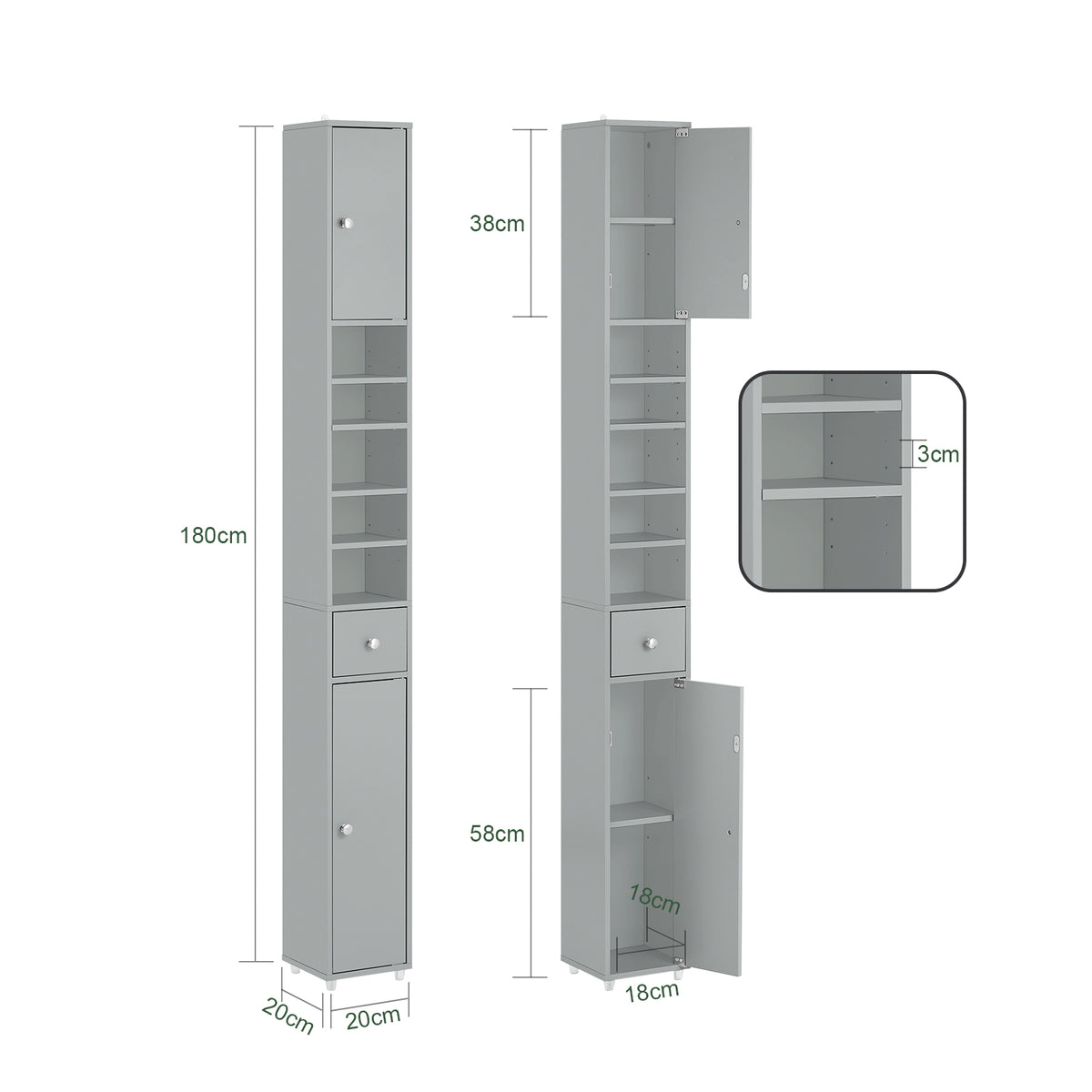 SoBuy BZR34-HG Dulap-coloană înalt de baie cu 1 sertar, 2 uși și 5 compartimente