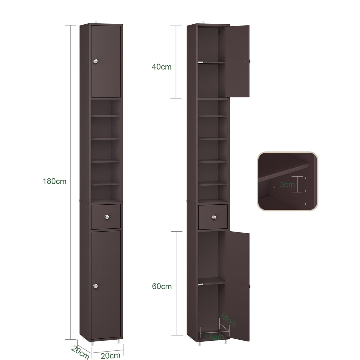 SoBuy BZR34-II-BR Dulap de baie ultra-îngust, maro, 20x20cm, 1 sertar, 2 uși, 5 compartimente, rafturi reglabile, rezistent la umiditate, 25kg – 20x20x180 cm