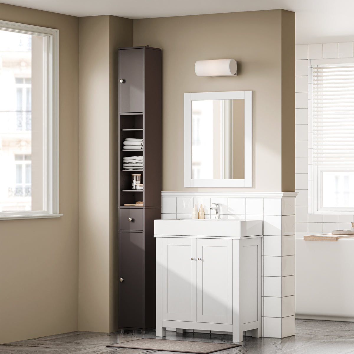 SoBuy BZR34-II-BR Dulap de baie ultra-îngust, maro, 20x20cm, 1 sertar, 2 uși, 5 compartimente, rafturi reglabile, rezistent la umiditate, 25kg – 20x20x180 cm