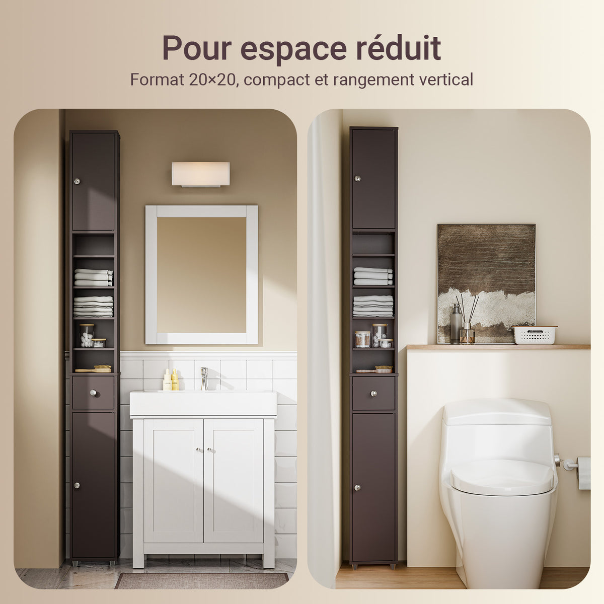 SoBuy BZR34-II-BR Dulap de baie ultra-îngust, maro, 20x20cm, 1 sertar, 2 uși, 5 compartimente, rafturi reglabile, rezistent la umiditate, 25kg – 20x20x180 cm