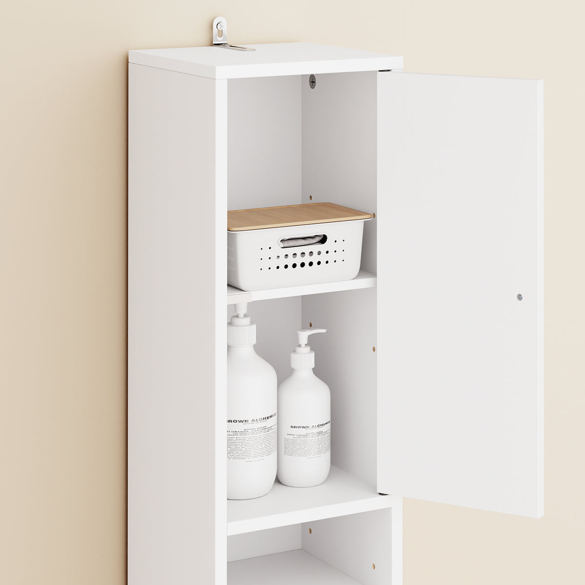 SoBuy BZR34-II-W Coloană de baie 20 cm - Dulap de depozitare îngust cu sertar și rafturi reglabile - Dulap de baie compact pentru WC, spații mici, MDF, Alb, 20x20x180cm