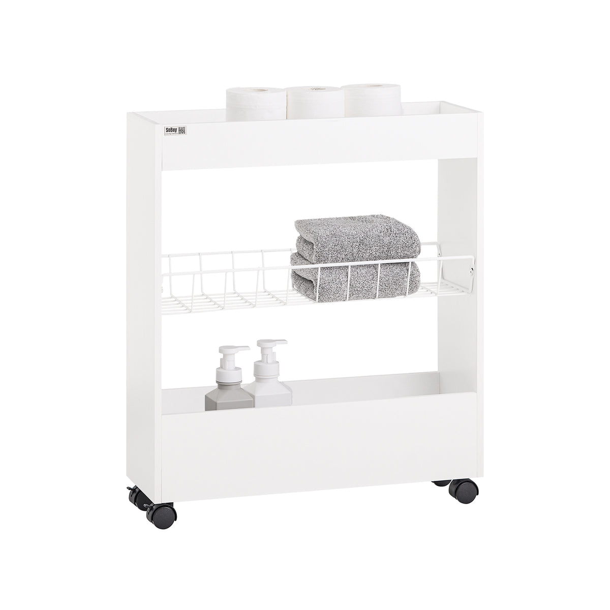 SoBuy BZR46-W Chariot de Rangement Mobile sur 3 Niveaux Étagère de Niche à Roulettes en Bois et métal