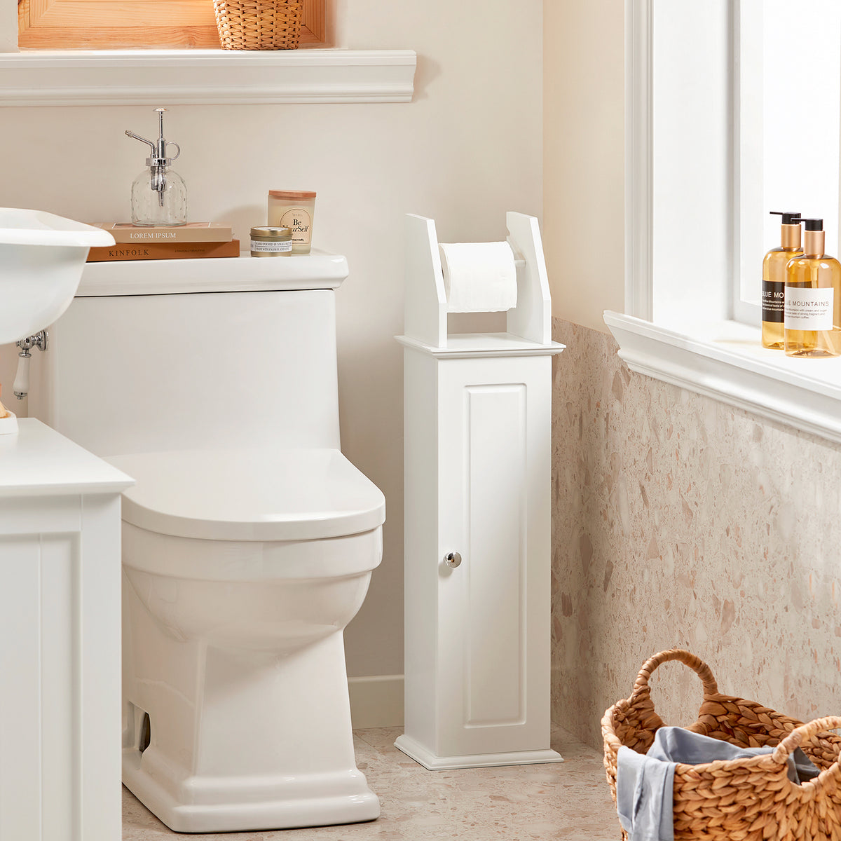 SoBuy BZR53-W Suport Hârtie Igienică Dulap Toaletă Suport Perie WC Mobilier de Baie pe Picior din Lemn, 20x18x79 cm