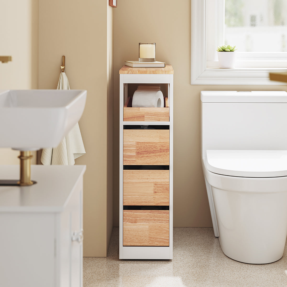 SoBuy BZR54-III-WN Dulap de baie cu roți, alb și lemn natural, 3 sertare și nișă deschisă, subțire 23cm, 40kg – 65x23x82 cm