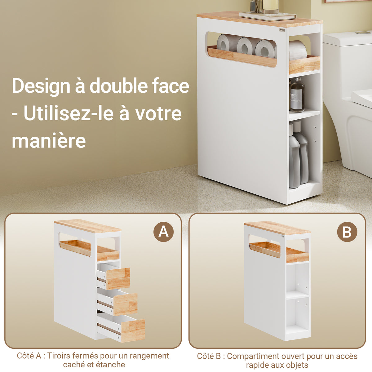 Precomandă SoBuy BZR54-IV-WN Dulap Baie Tip Coloană, Dulap Baie Mic, Compact cu Roți, Sertare și Separatoare, Alb 65x23x82cm