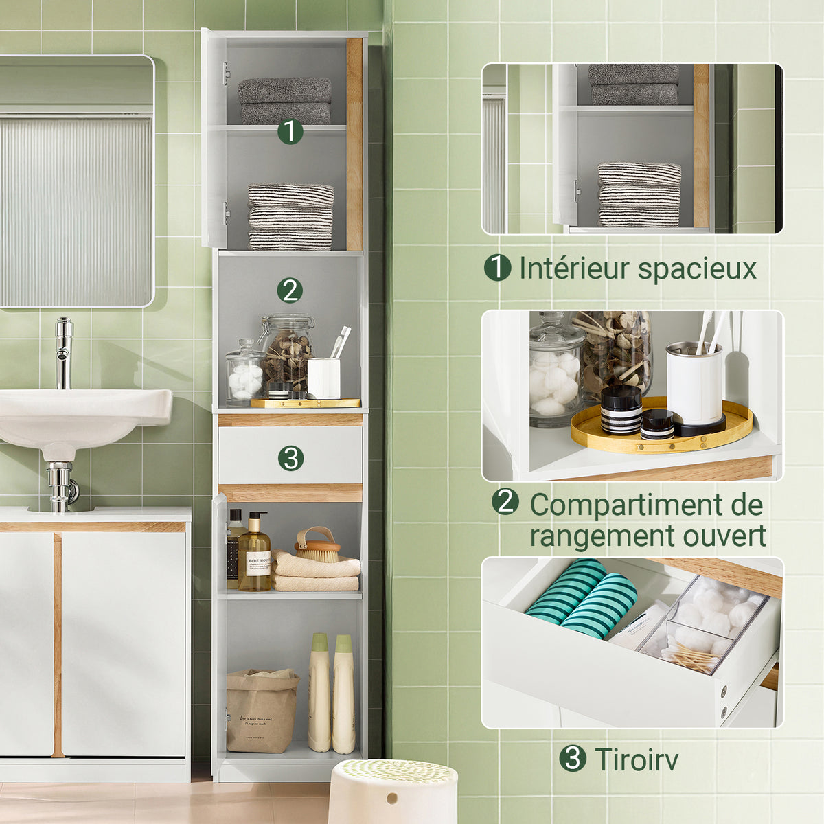 SoBuy BZR80-W Coloană de Baie Salvează Spațiu cu Sertar și Uși, Dulap de Depozitare Baie cu Etajeră Deschisă, Alb 35×33×170 cm