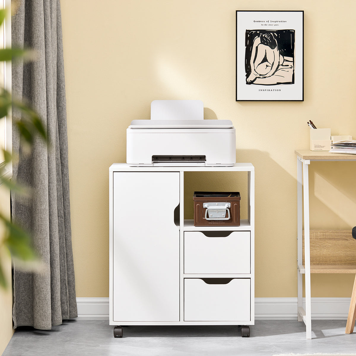 SoBuy FBT105-W Caisson d’Imprimante Mobile avec Roulettes, 2 Tiroirs et 1 Compartiment Ouvert, Rangement Optimisé, Design Fonctionnel – L60×P35×H70 cm, Blanc