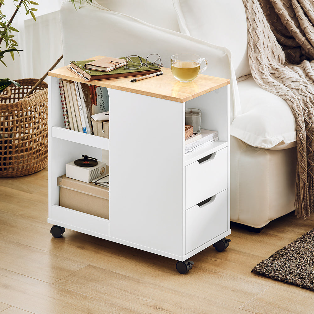 SoBuy FBT130-WN Măsuță laterală, cu 2 Sertare, Compartiment Deschis, Dulap de depozitare pe roți, Cărucior pentru Sufragerie, Birou, Dormitor, Alb, L60xP30xH60cm