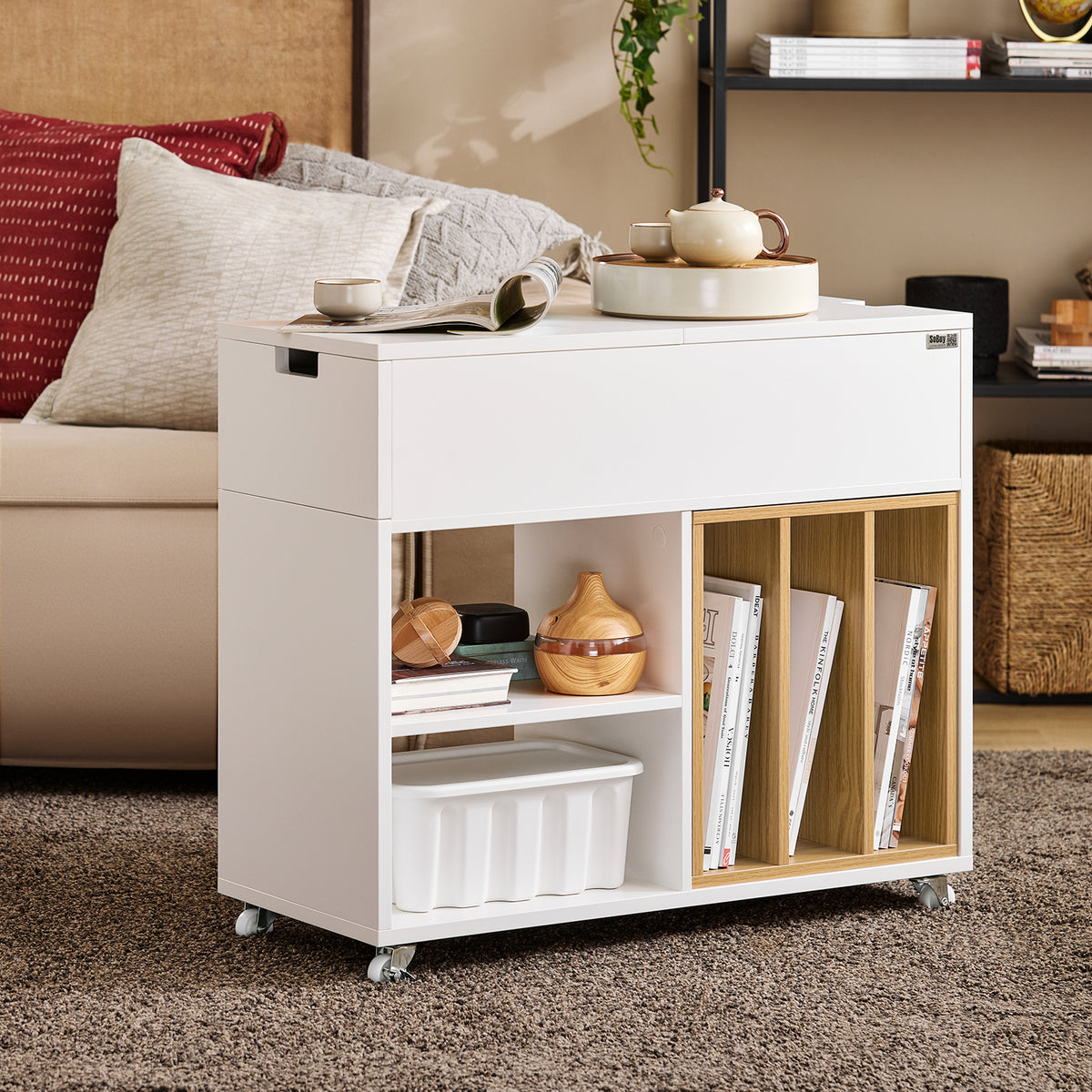 SoBuy FBT134-W Bout de Canapé en Bois, Table d'appoint Café, Table Basse Roulante, avec Porte- revues et Tiroir, Meuble de Rangemen