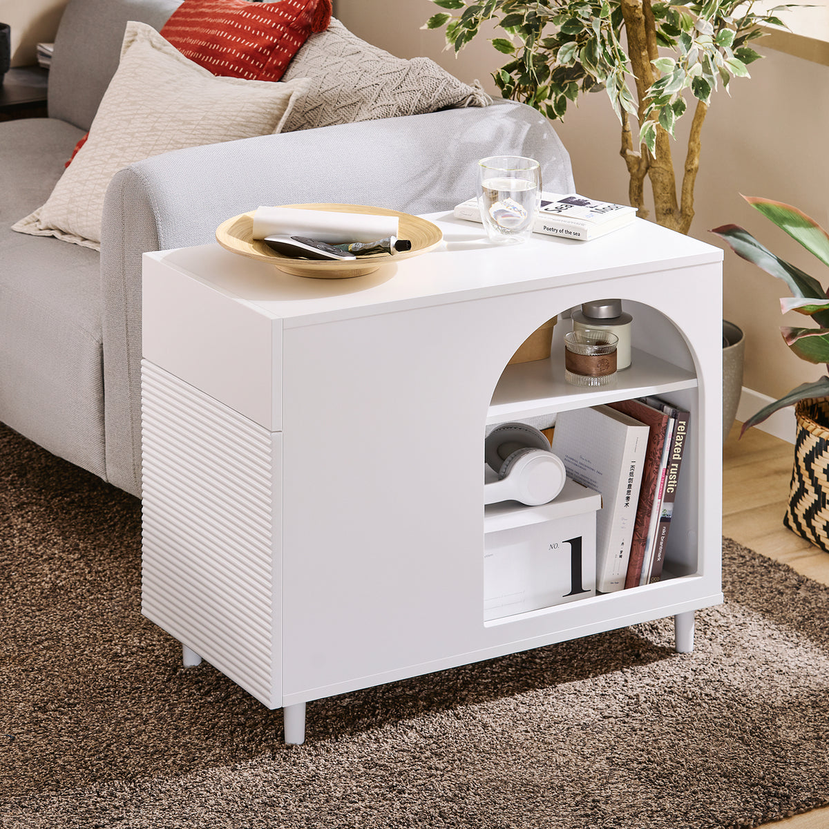 SoBuy FBT135-W Table d’Appoint, Bout de Canapé de Salon, Table à Café, Caisson de Bureau avec 1 Tiroir 1 Porte et Compartiments