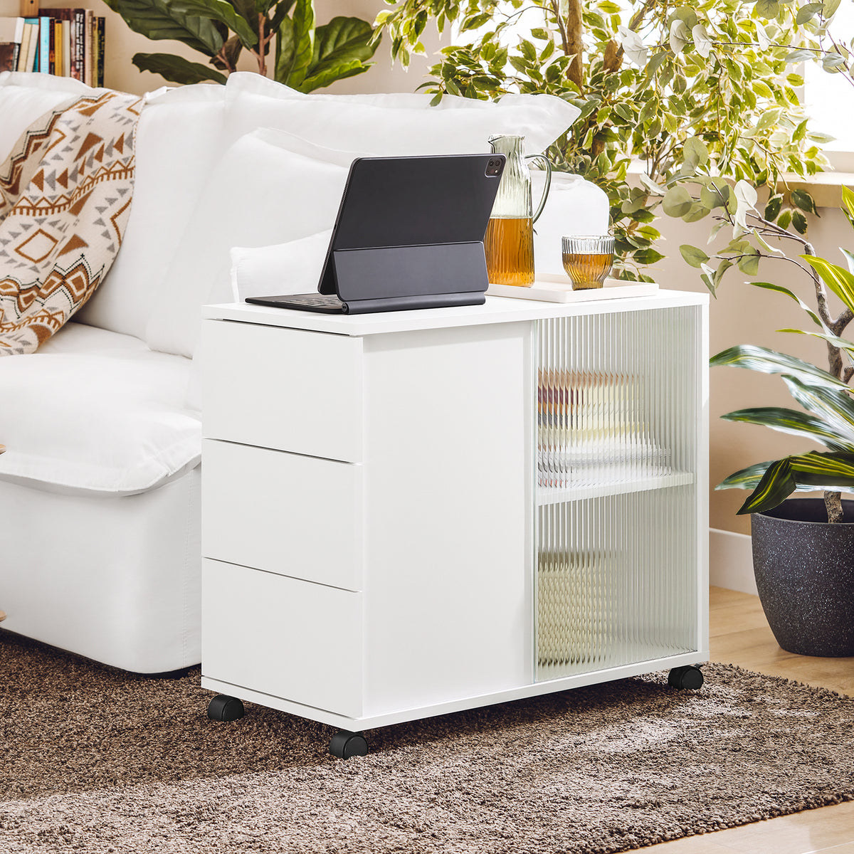 SoBuy FBT141-W Măsuță de capăt, Măsuță laterală pe roți, Măsuță de cafea, Măsuță de cafea cu 3 sertare, pentru Sufragerie, Birou, Dormitor