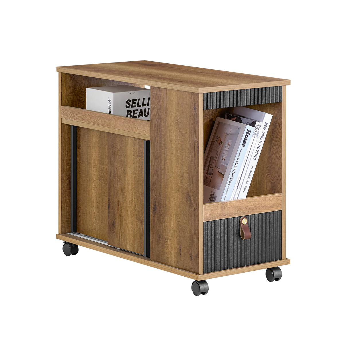 SoBuy FBT143-PF Bout de Canapé sur Roulettes Table de Chevet Table d'Appoint avec 1 Tiroir, 2 Compartiments Ouverts et 4 Port