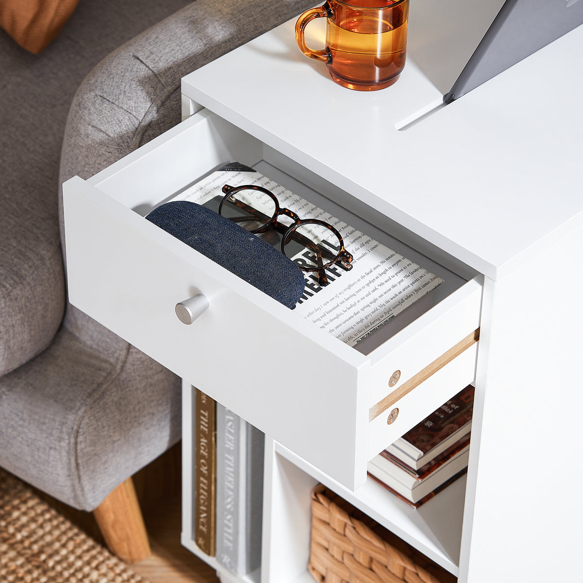 SoBuy FBT148-W Masă Laterală cu Roți, Noptieră cu 1 Sertar și 3 Compartimente Deschise