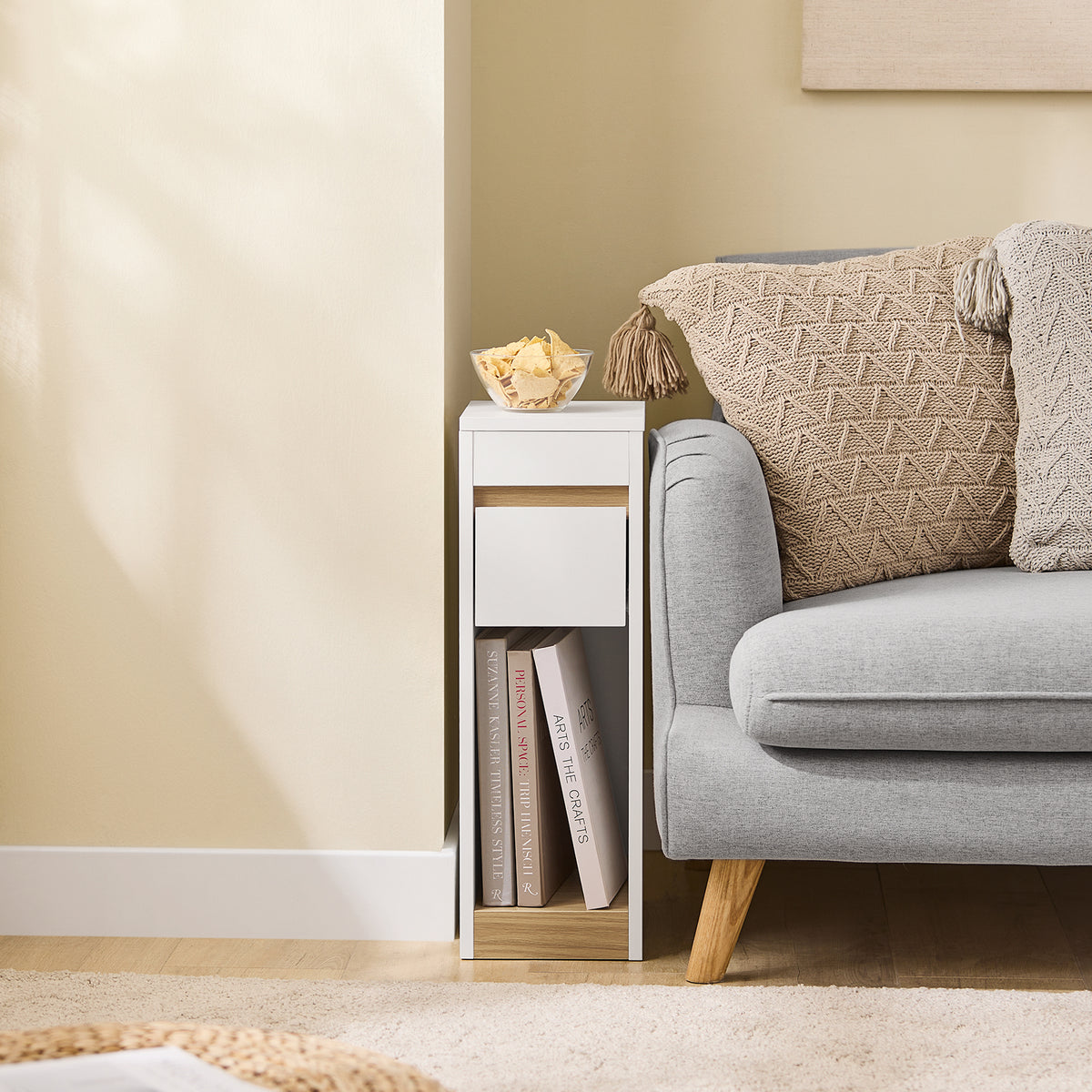 SoBuy FBT163-WN Noptieră îngustă de 20 cm cu sertar și raft, Mobilier economizor de spațiu pentru sufragerie, Alb și Natural 20 x 35 x 60 cm