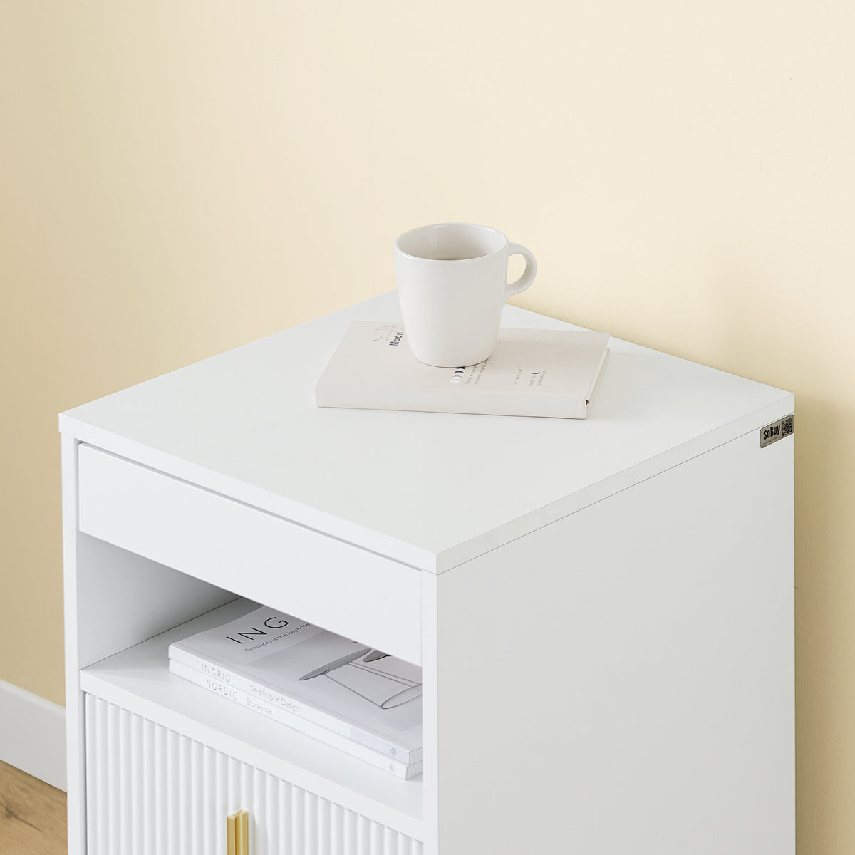 SoBuy FBT168-W Noptieră Chic Alb și Auriu – 3 Sertare și Poliță, Stil Modern