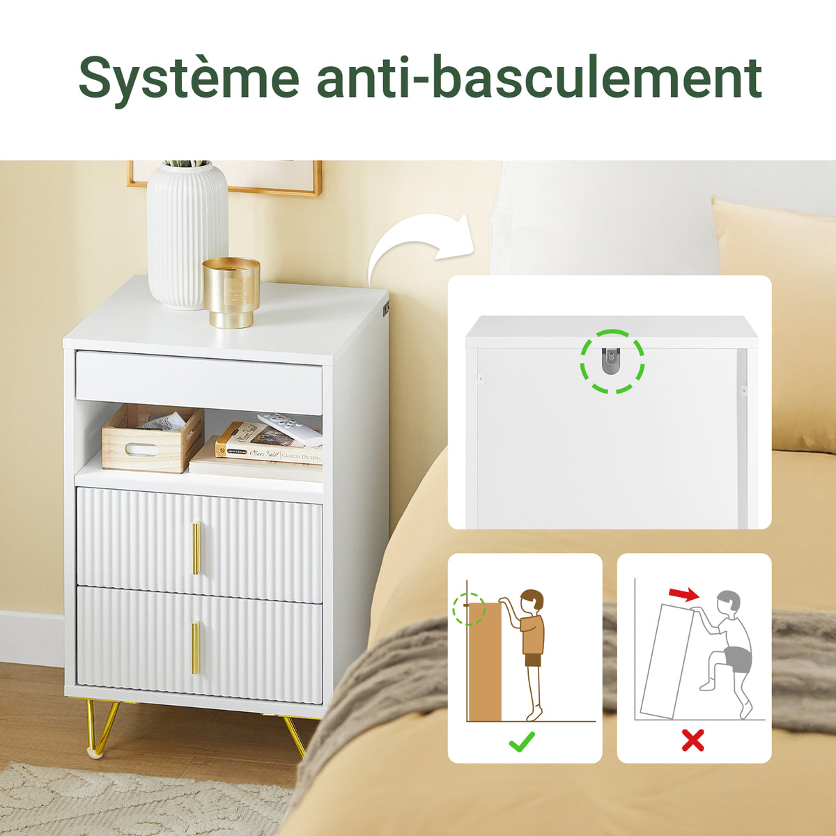 SoBuy FBT168-W Noptieră Chic Alb și Auriu – 3 Sertare și Poliță, Stil Modern