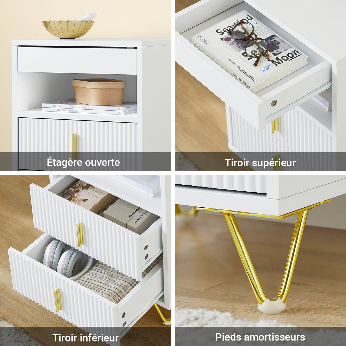 SoBuy FBT168-W Noptieră Chic Alb și Auriu – 3 Sertare și Poliță, Stil Modern