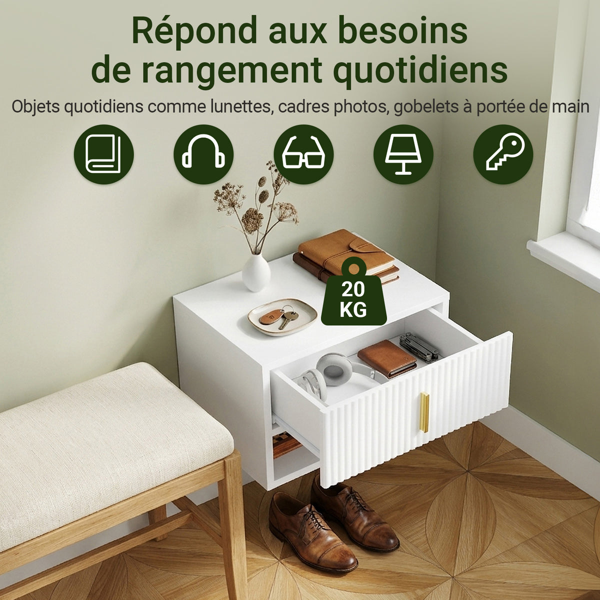 SoBuy FBT176-E-W Table de Chevet Suspendue avec LED – Tiroir Réversible, Façade Ondulée, Poignée Dorée, Blanc, 40×26×30 cm