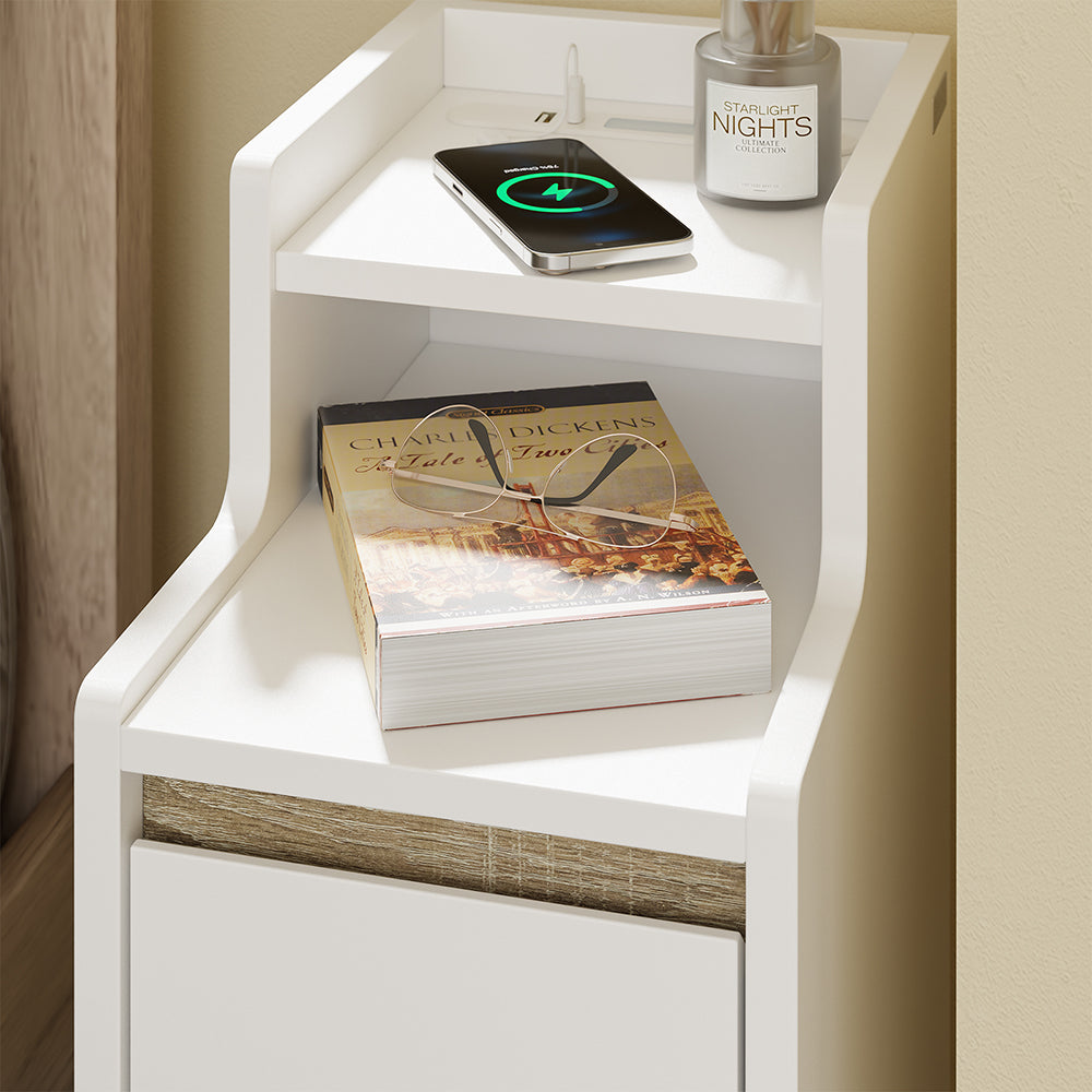 SoBuy FBT171-WN Noptieră îngustă, Masă de noapte cu sertar și raft, Mobilier de accent modern pentru dormitor și living, Alb, 20 x 35 x 60 cm